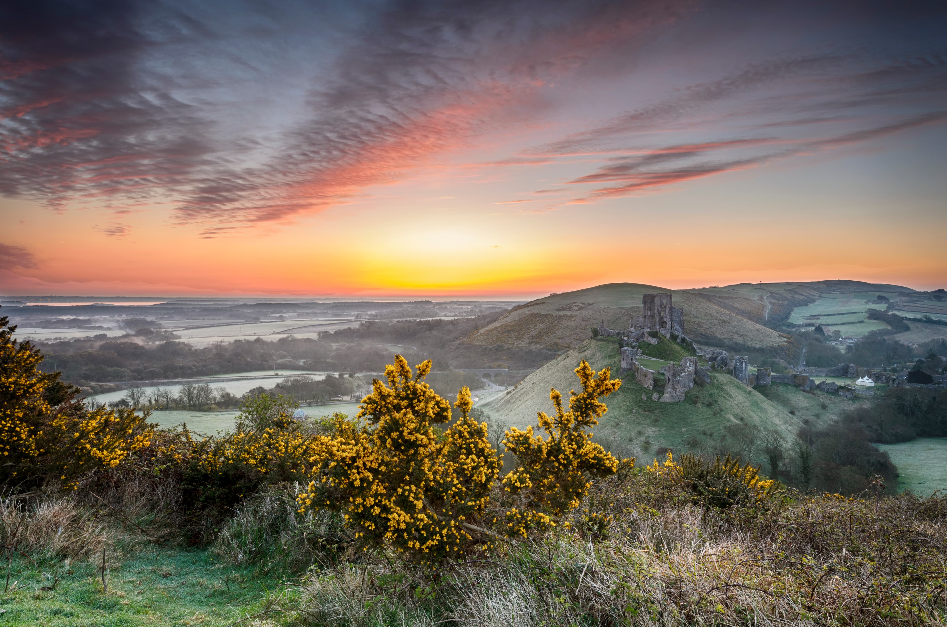 Corfe Castle at sunrise