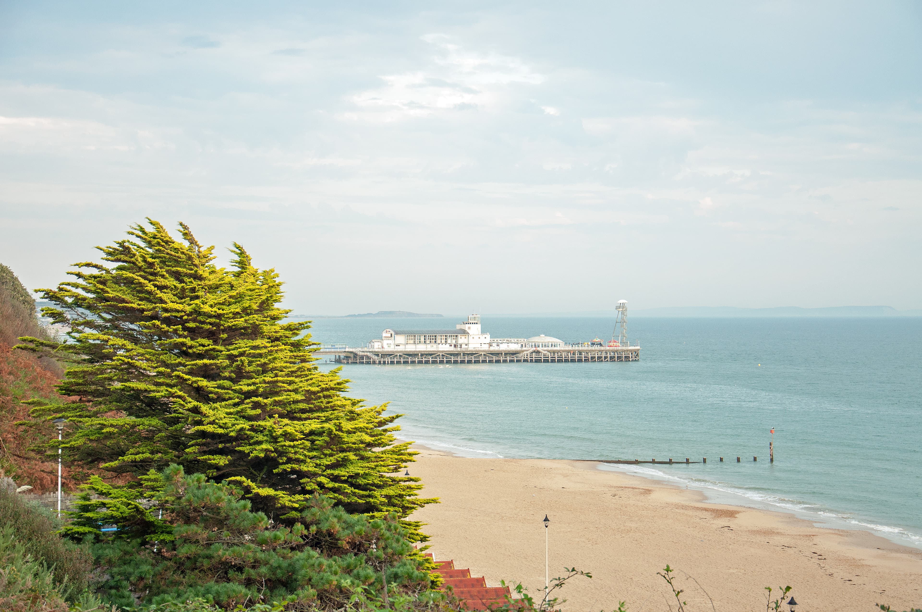 Distant view of Bournemouth Pier from clifftops